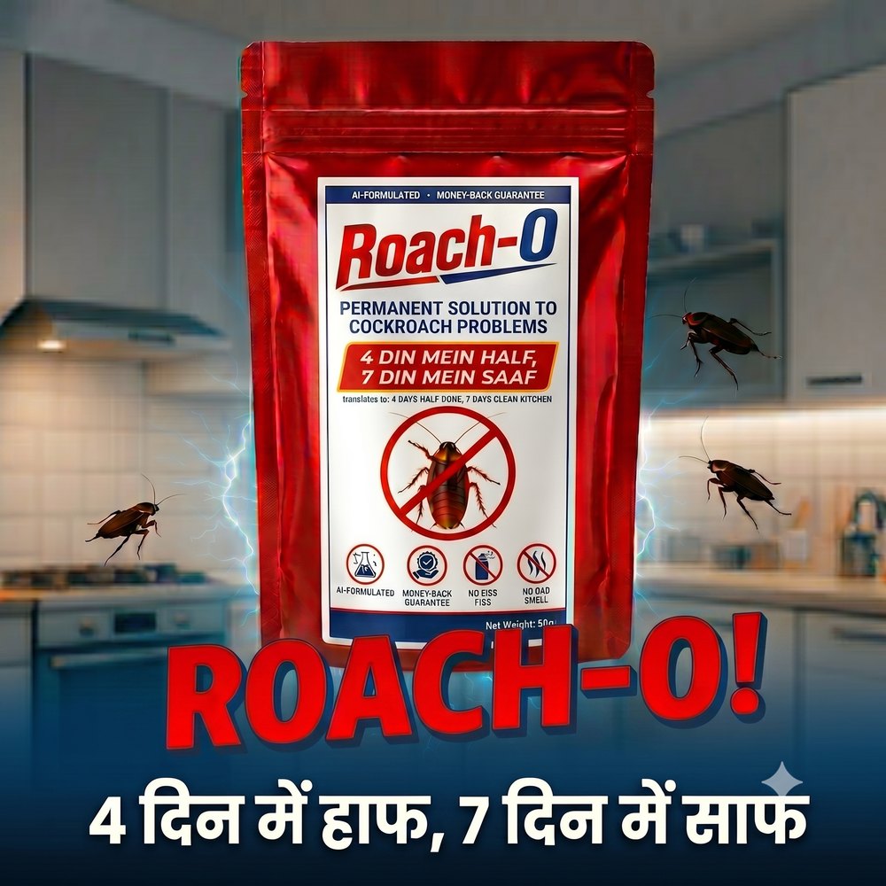 Roach-O pouch surrounded by cockroaches in a kitchen, with lightning — 4 din mein half, 7 din mein saaf.