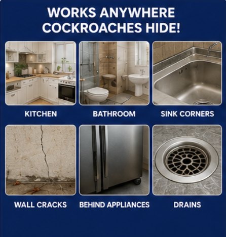 Works anywhere cockroaches hide: kitchen, bathroom, sink corners, wall cracks, behind appliances, drains.